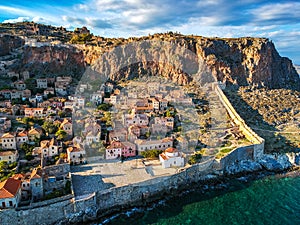 Aerial view of the old medieval castle town of Monemvasia in Lakonia of Peloponnese, Greece. Often called