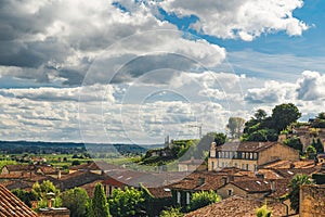 Aerial view of old medieval french town Saint Emilion with vineyards in Aquitaine, France. french wine region