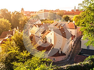 Aerial view of old medieval narrow cobbled street and small ancient houses of Novy Svet, Hradcany district, Prague