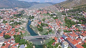 Aerial view of old and modern bridge in Mostar, Bosnia and Herzegovina