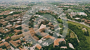 Aerial view of old and modern residential buildings in Piacenza, Italy