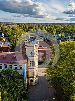 Aerial view of old needle tower, Kuldiga