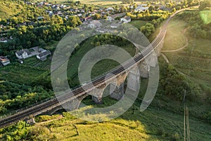 Aerial view of an old railway viaduct near Terebovlya village in Ternopil region, Ukraine