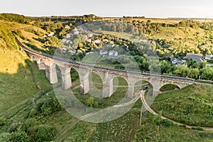 Aerial view of an old railway viaduct near Terebovlya village in Ternopil region, Ukraine