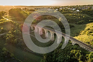 Aerial view of an old railway viaduct near Terebovlya village in Ternopil region, Ukraine