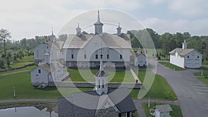 Aerial View of Old Restored Barns on a Spring Day