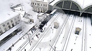 aerial view of old retro train steam locomotive at Lviv railway station