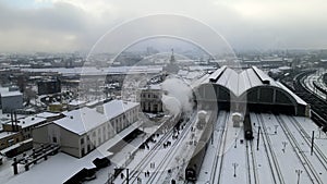 aerial view of old retro train steam locomotive at Lviv railway station