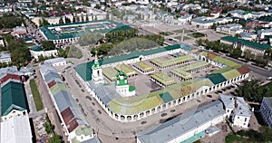 Aerial view of old Russian city of Kostroma on bank of Volga River overlooking ancient Gostiny Dvor