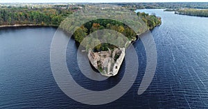 Aerial view of an old stone castle ruins in Koknese, Latvia. Located on a peninsula near the Daugava river and Perse