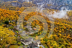Aerial view of old stone houses in the village Little Papigo of