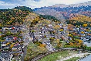 aerial view of old stone houses in the village Papingo of Zagorochoria in the autumn, Epirus, Western Greece