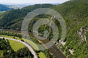 Aerial view of of Old Strecno castle Starhrad above Vah river, Slovakia