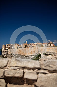 Aerial view the Old Town of Bonifacio, the limestone cliff, South Coast of Corsica Island