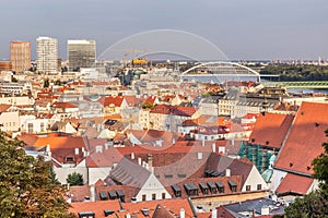 Aerial view of the old town in Bratislava with Danube river, Slovak