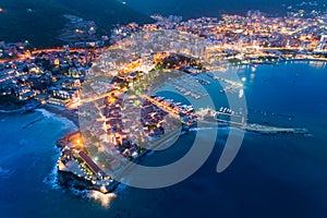 Aerial view of the Old Town Budva at night