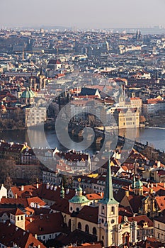 Aerial view of old town with Charles Bridge in Prague. Czech Republic