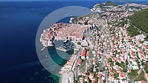 Aerial view of the old town Dubrovnik, blue sea and mountains, Croatia