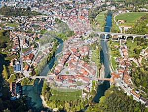 Aerial view of the old town Fribourg and the curvy Sarine