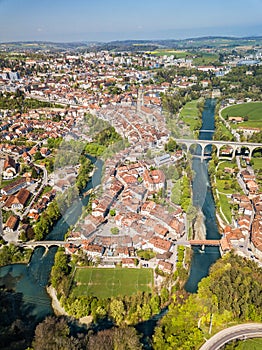 Aerial view of the old town Fribourg and the curvy Sarine river meander