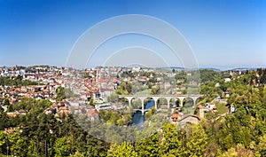 Aerial view of the old town Fribourg and the natual surroundings