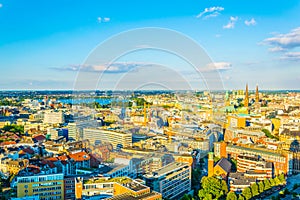 Aerial view of the old town of hamburg and binnenalster and aussenalster lakes, Germany