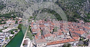 Aerial view of Old Town Kotor with its fotress and river