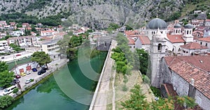 Aerial view of Old Town Kotor with its river