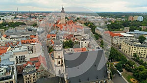 Aerial View of Old Town in Leipzig, Germany, Europe. 4K Background Drone Shot