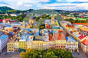 Aerial view of the Old Town of Lviv, Ukraine