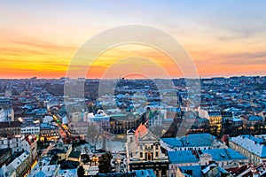 Aerial view of old town of Lviv in Ukraine at sunset. Lvov cityscape. View from tower of Lviv town hall