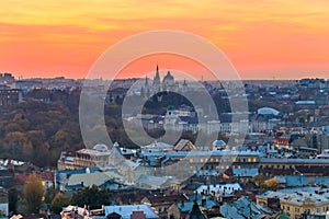 Aerial view of old town of Lviv in Ukraine at sunset. Lvov cityscape. View from tower of Lviv town hall