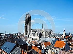 Aerial view of the old town of Mechelen and the Saint Rumbold`s Catherdal