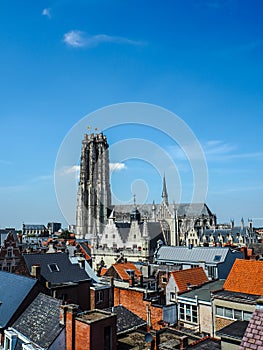 Aerial view of the old town of Mechelen and the Saint Rumbold`s Catherdal