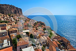 Aerial view of the old town of Monemvasia in Lakonia of Peloponnese, Greece