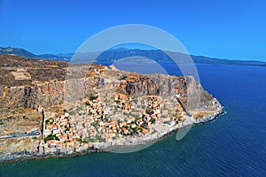 Aerial view of the old town of Monemvasia in Lakonia of Peloponnese, Greece