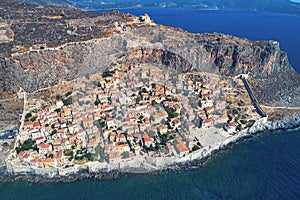 Aerial view of the old town of Monemvasia in Lakonia of Peloponnese, Greece