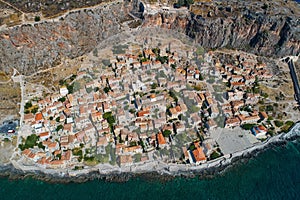 Aerial view of the old town of Monemvasia in Lakonia of Peloponnese, Greece