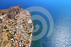 Aerial view of the old town of Monemvasia in Lakonia of Peloponnese, Greece