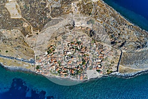 Aerial view of the old town of Monemvasia in Lakonia of Peloponnese, Greece