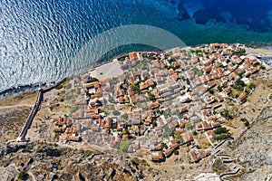 Aerial view of the old town of Monemvasia in Lakonia of Peloponnese, Greece