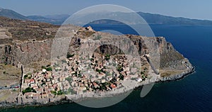 Aerial view of the old town of Monemvasia in Lakonia of Peloponnese, Greece