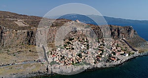 Aerial view of the old town of Monemvasia in Lakonia of Peloponnese, Greece