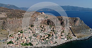 Aerial view of the old town of Monemvasia in Lakonia of Peloponnese, Greece