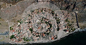 Aerial view of the old town of Monemvasia in Lakonia of Peloponnese, Greece