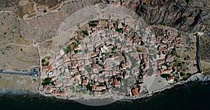 Aerial view of the old town of Monemvasia in Lakonia of Peloponnese, Greece