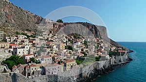 Aerial view of the old town of Monemvasia in Lakonia of Peloponnese, Greece