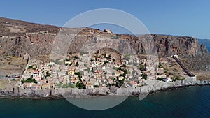 Aerial view of the old town of Monemvasia in Lakonia of Peloponnese, Greece