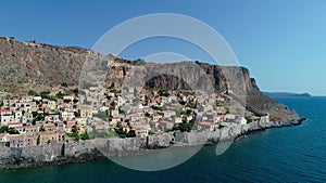 Aerial view of the old town of Monemvasia in Lakonia of Peloponnese, Greece