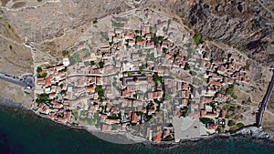 Aerial view of the old town of Monemvasia in Lakonia of Peloponnese, Greece